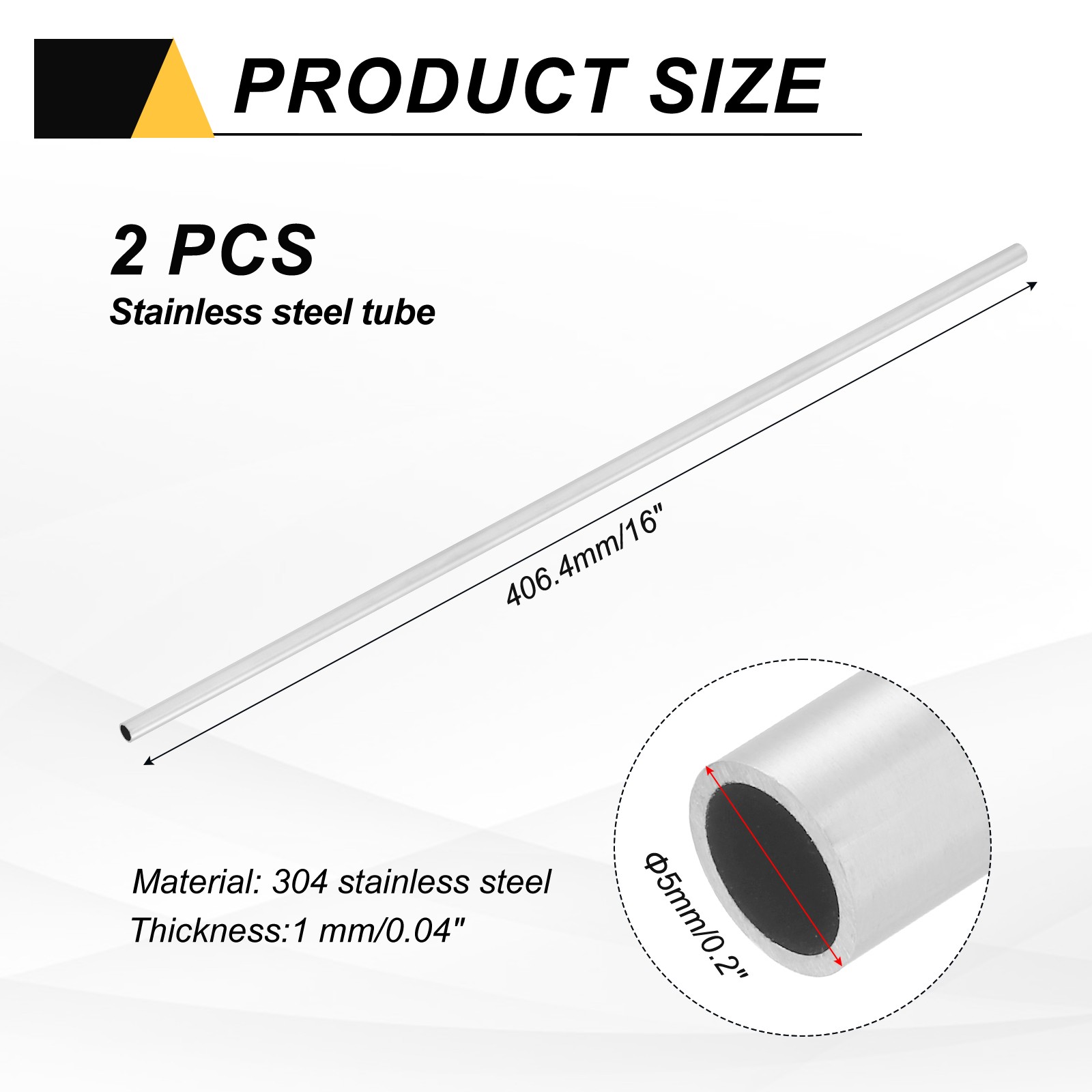 2Pcs 406.4mm x 5mm x 1mm 304 Stainless Steel Tubing Round Metal Pipe Steel Tube