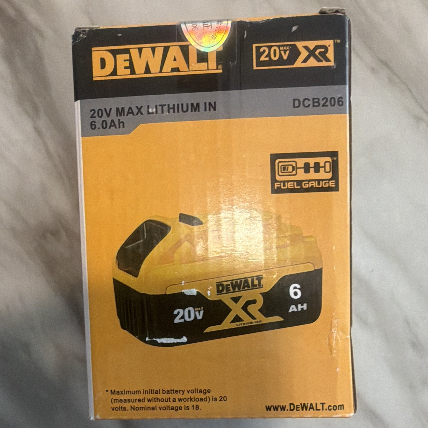 DEWALT XR 20V MAX 6Ah Lithium-Ion Power Tool Battery Pack Yellow DCB206