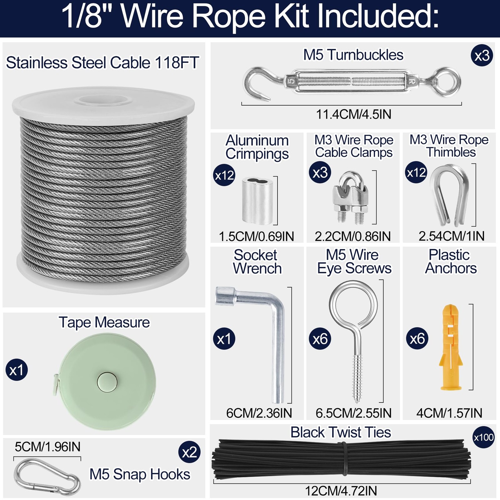phepetroll 1/8″ Wire Rope Kit 118FT Stainless Steel 118FT, Silver Black