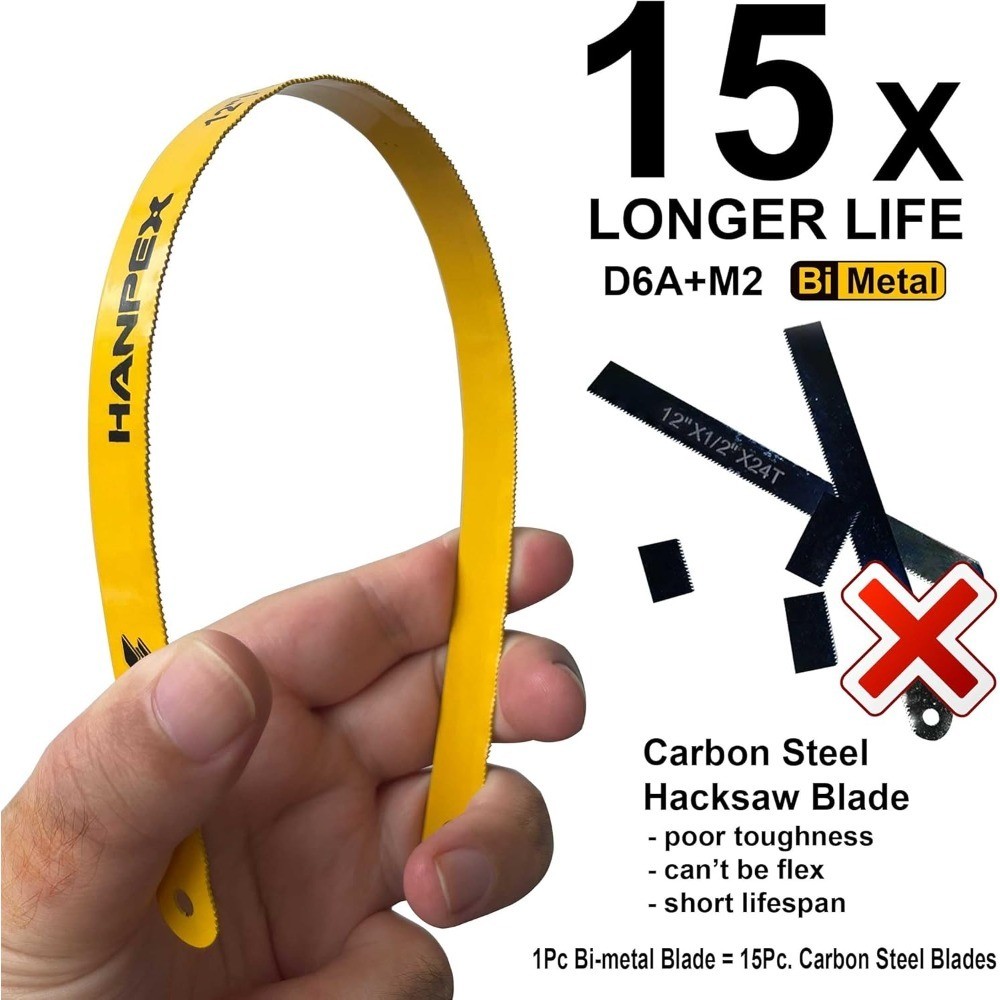 12in. High-Tension Hacksaw Frame with 24 TPI Bi-metal Blade, Hand Saw Suitable