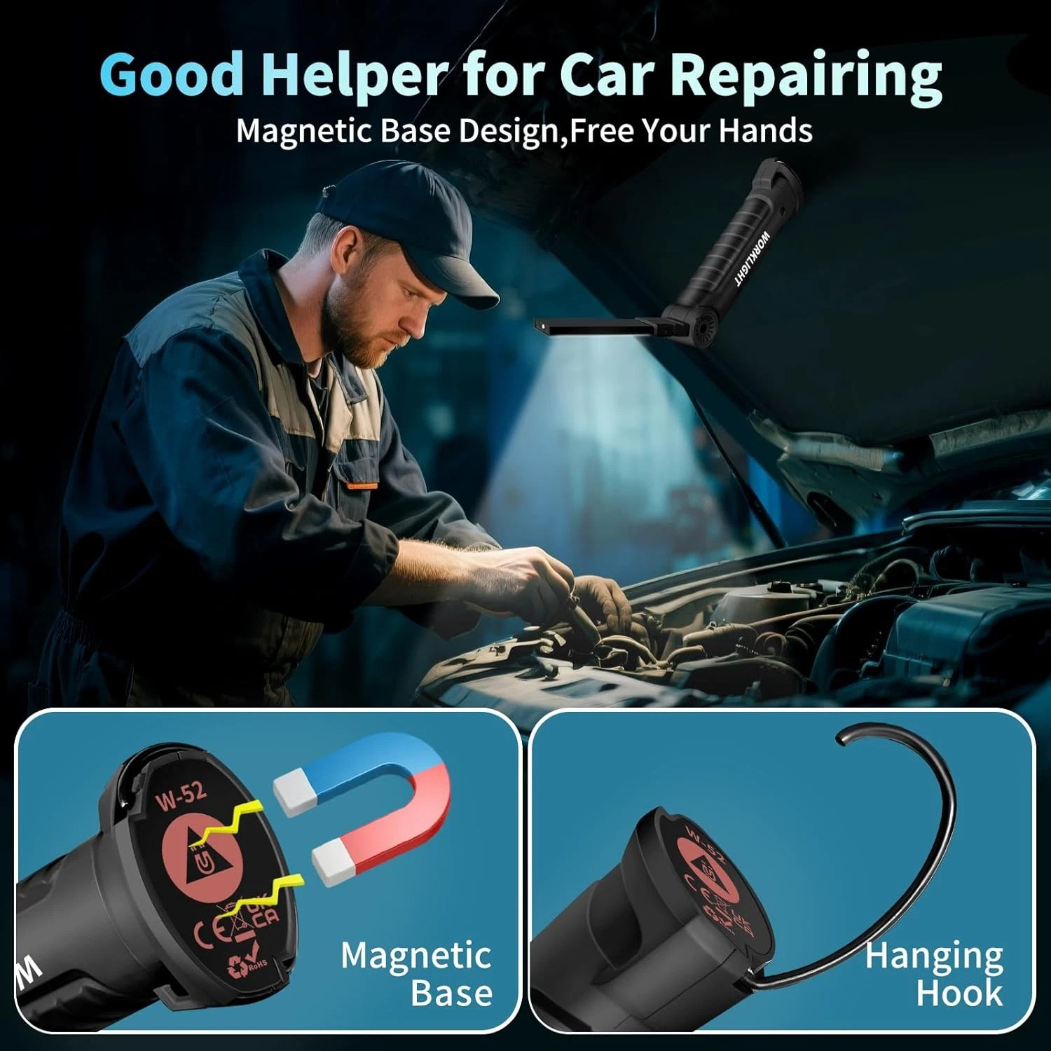 2PCS Work Light Rechargeable LED Magnetic COB Inspection Torch, Type-C Cordless