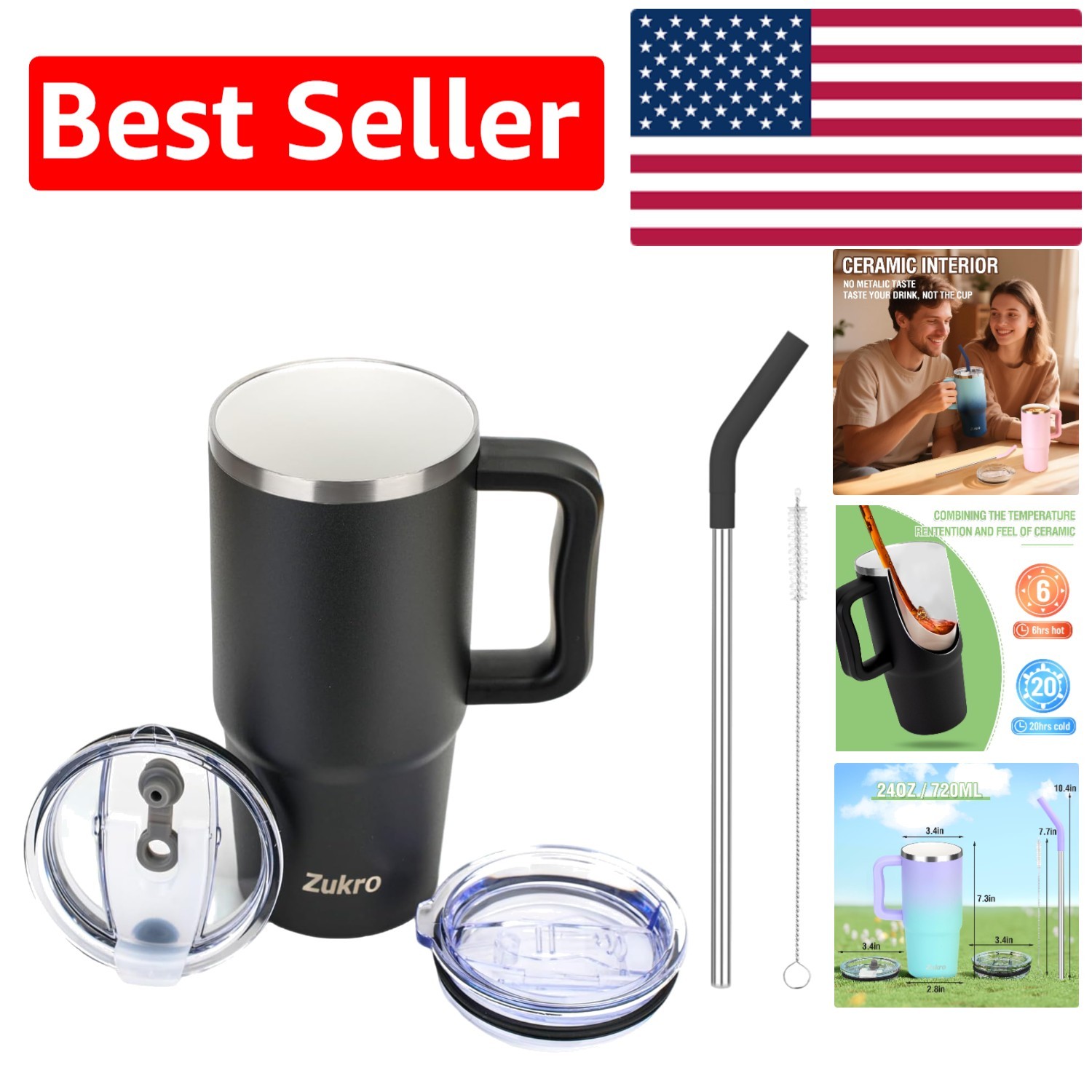 24 oz Insulated Coffee Mug with Ceramic Interior – Travel-Friendly