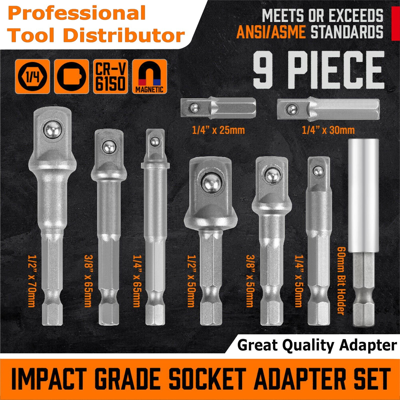 9Pcs Socket Adapter Drill Bits Set Hex Impact Driver Tools 1/4″ 3/8″ 1/2″ Shank