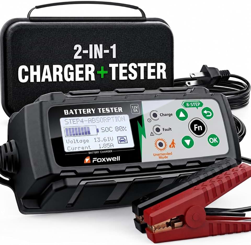 FOXWELL BC521 2-in-1 Battery Charger & Tester, Test Before Charging 12V 5A