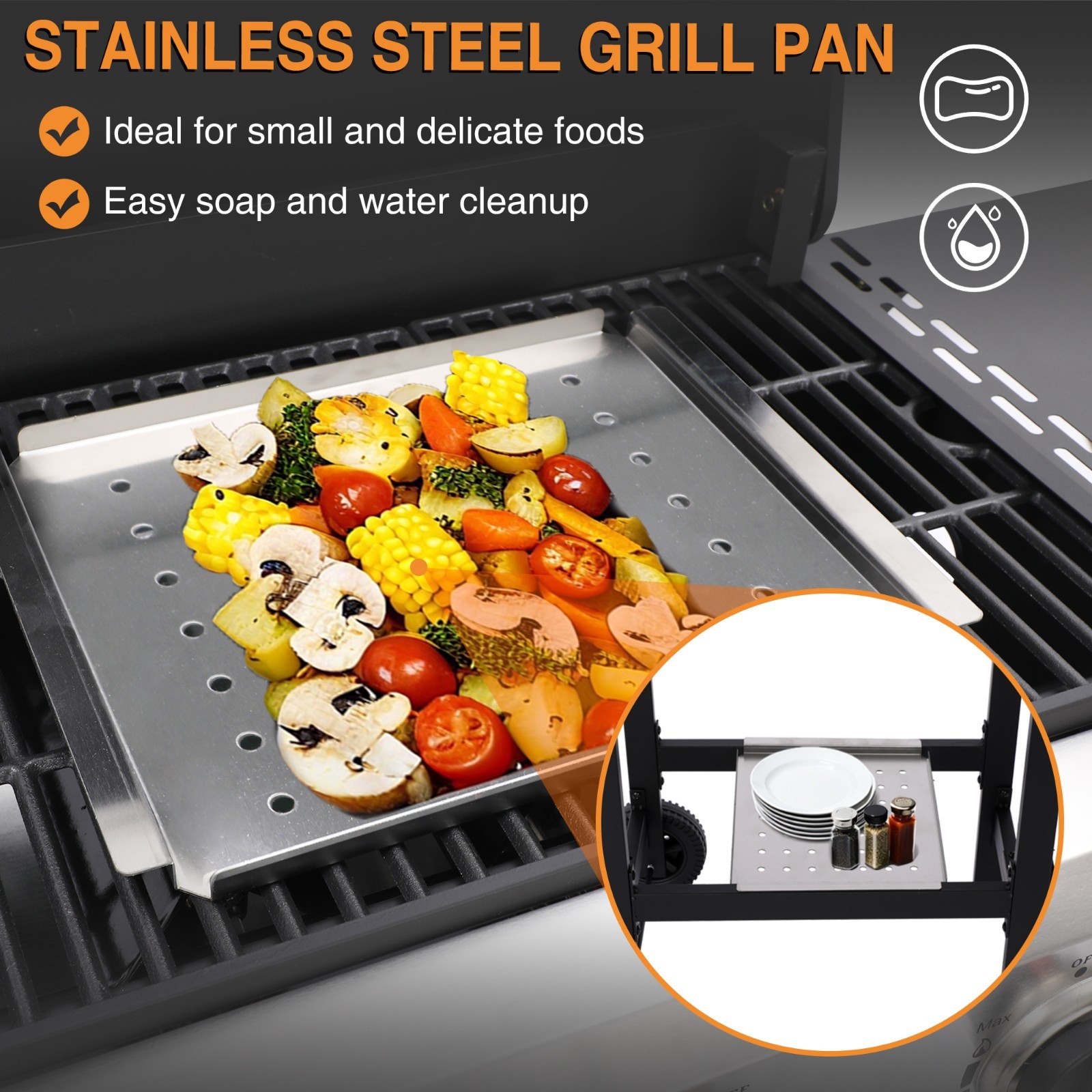 3-Burner Propane Gas Grill with Folding Side Tables, Cast Iron Grate and Pan