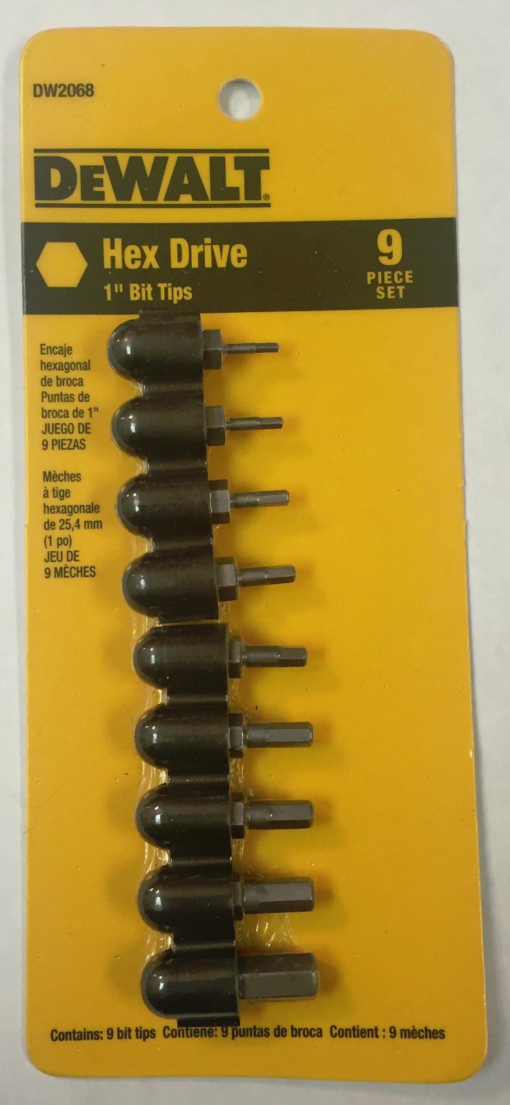 DEWALT 9 PC HEX DRIVE 1″ BIT TIPS DW2068 SAE 1/16″-1/4″ SCREW BITS ALLEN BITS