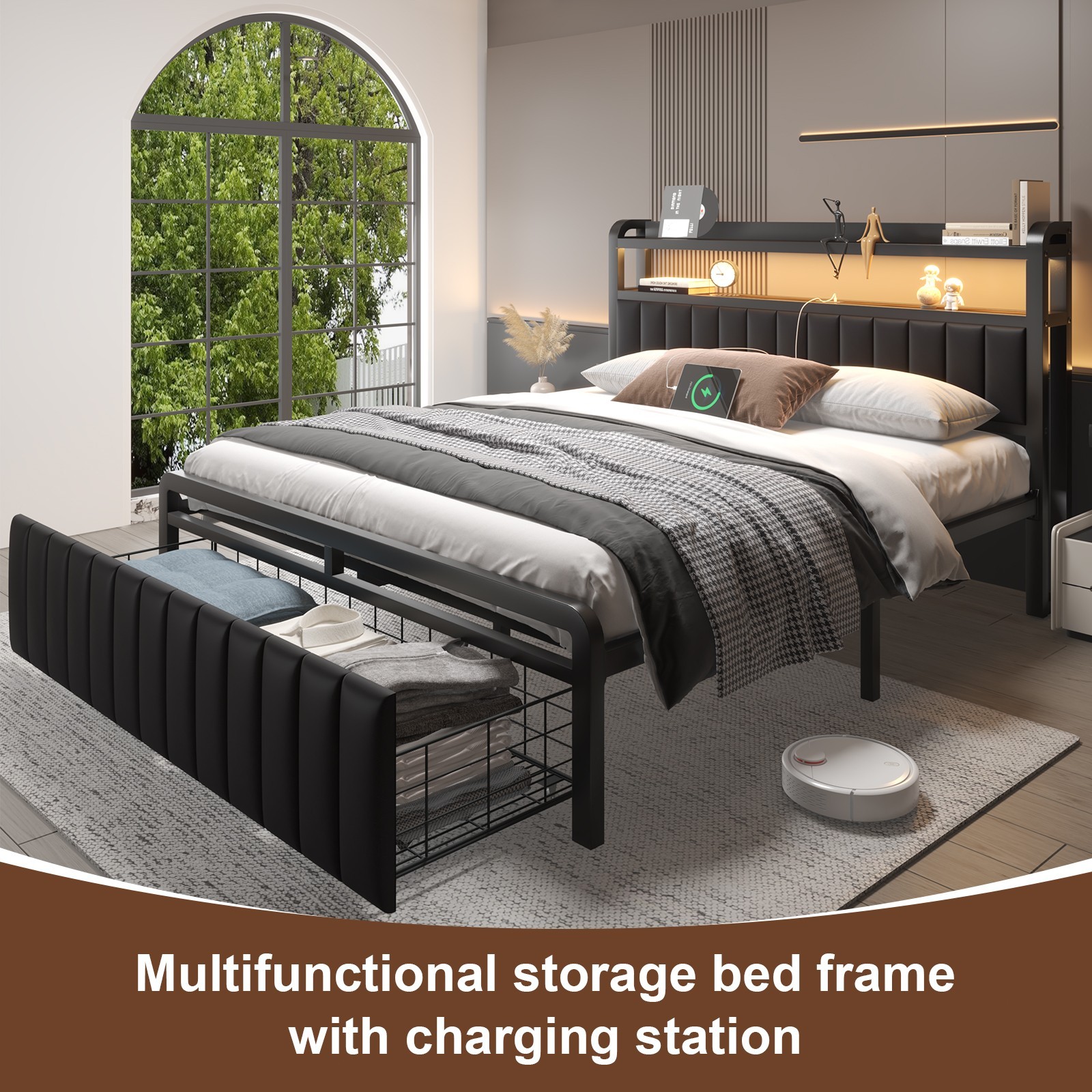 Full Queen LED Bed Frame with Charging Station&Upholstered Storage Headboard