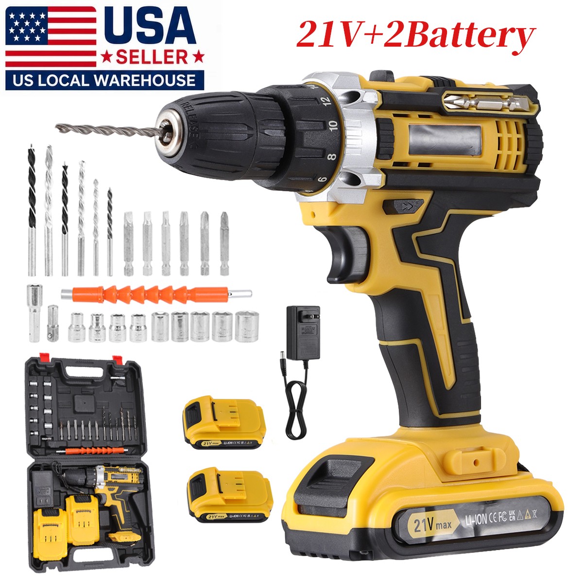21V 18Nm Cordless Impact Drill Set Electric Screwdriver Driver with 2 Batteries
