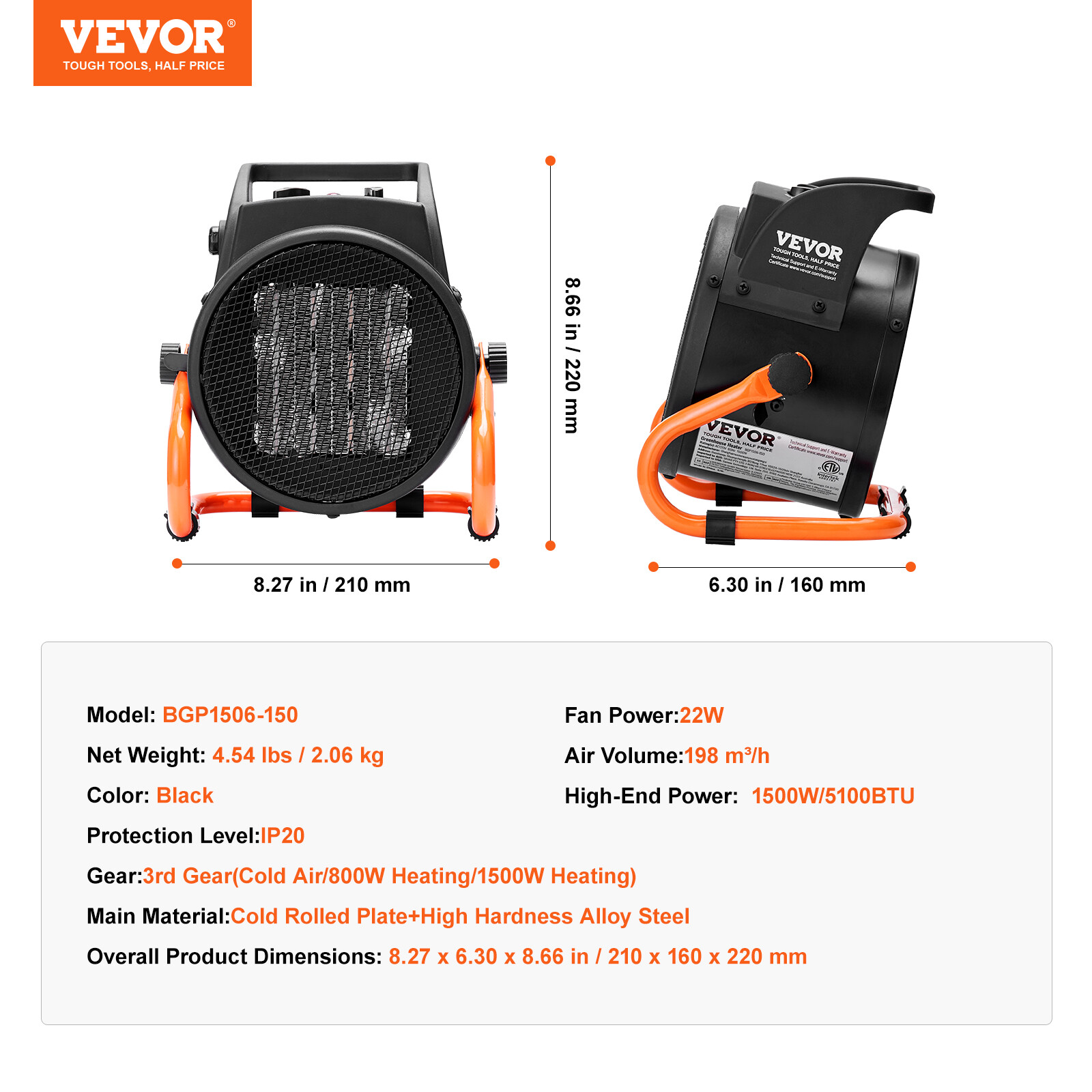 VEVOR 1500W Greenhouse Heater Thermostat PTC Fast Heating Overheat Protection