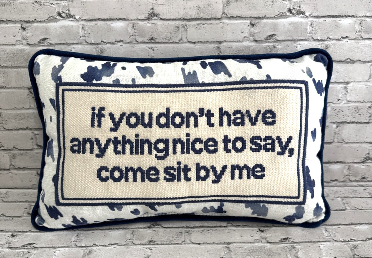 Needlepoint Decorative Throw Pillow Rectangular Blue Ivory COME SET BY ME