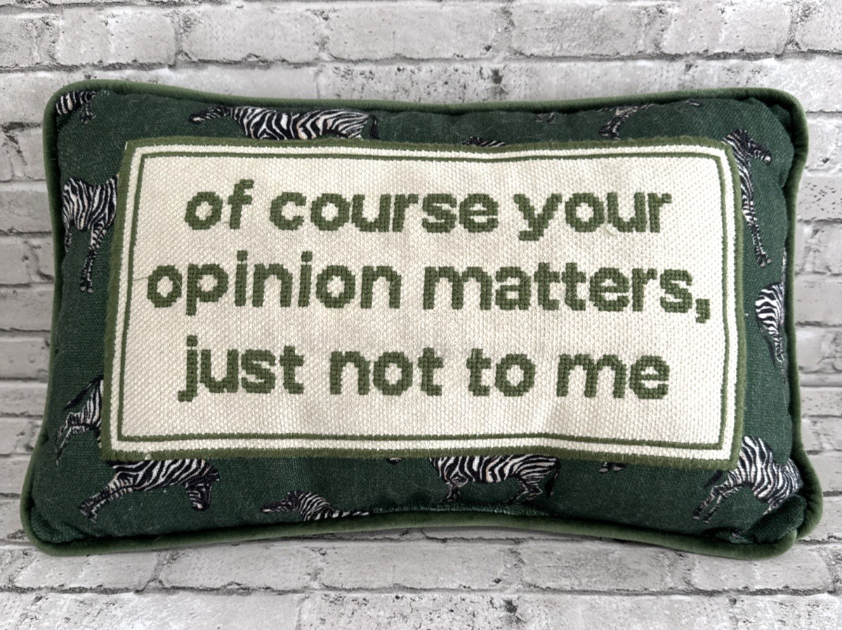 Needlepoint Decorative Throw Pillow Rectangular Green Ivory Zebra JUST NOT TO ME
