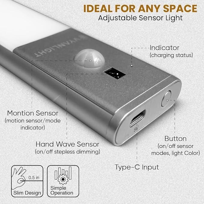 VYANLIGHT Wireless LED Cabinet Light – Motion Sensor, Hand Wave, Rechargeable