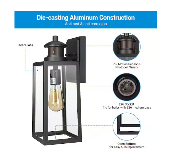 DEWENWILS 14.2in Black Motion Dusk – Dawn Outdoor Wall Lantern Hardwired No Bulb