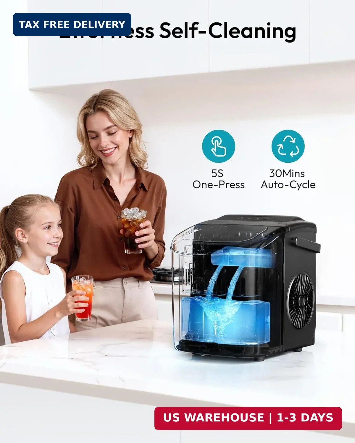 EUHOMY Countertop Ice Maker Machine with Handle, 26lbs in 24Hrs, 9 Ice Cubes Rea