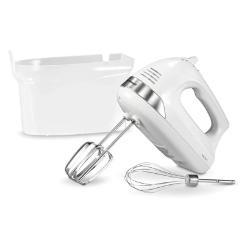 White 6-Speed Hand Mixer – 275W, Snap-On Case, Dishwasher-Safe Parts, 62629