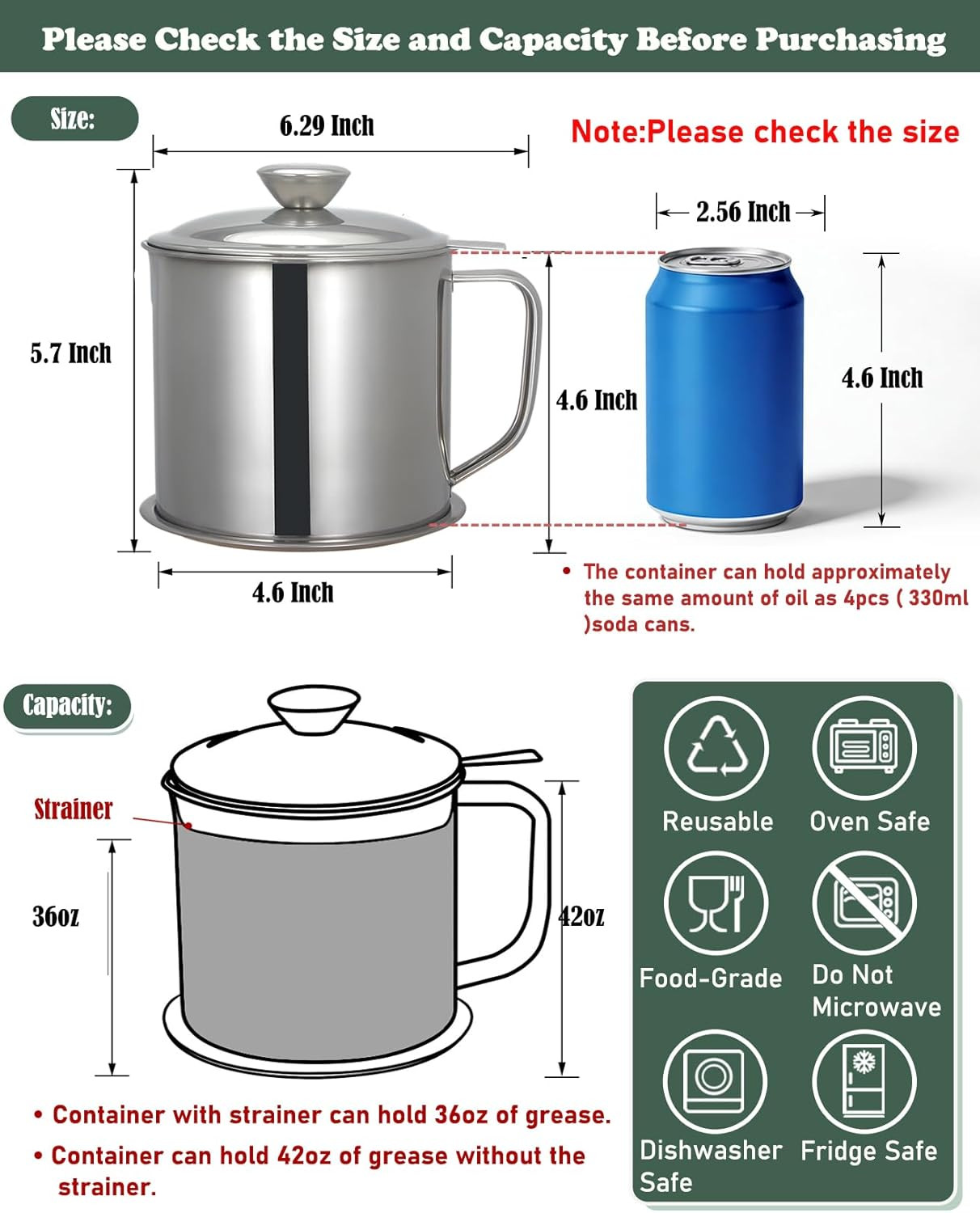 Bacon Grease Container with Strainer 1.25 L / 42 Oz Stainless Steel Cooking Oil
