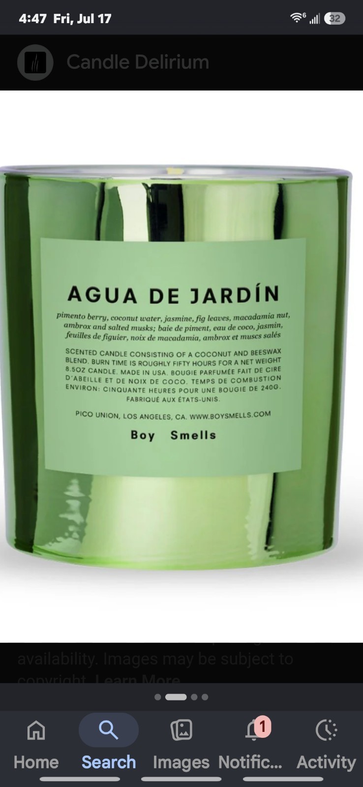 Boy Smells Hypernature Agua De Jardin, 8.5 oz Candle New In Box