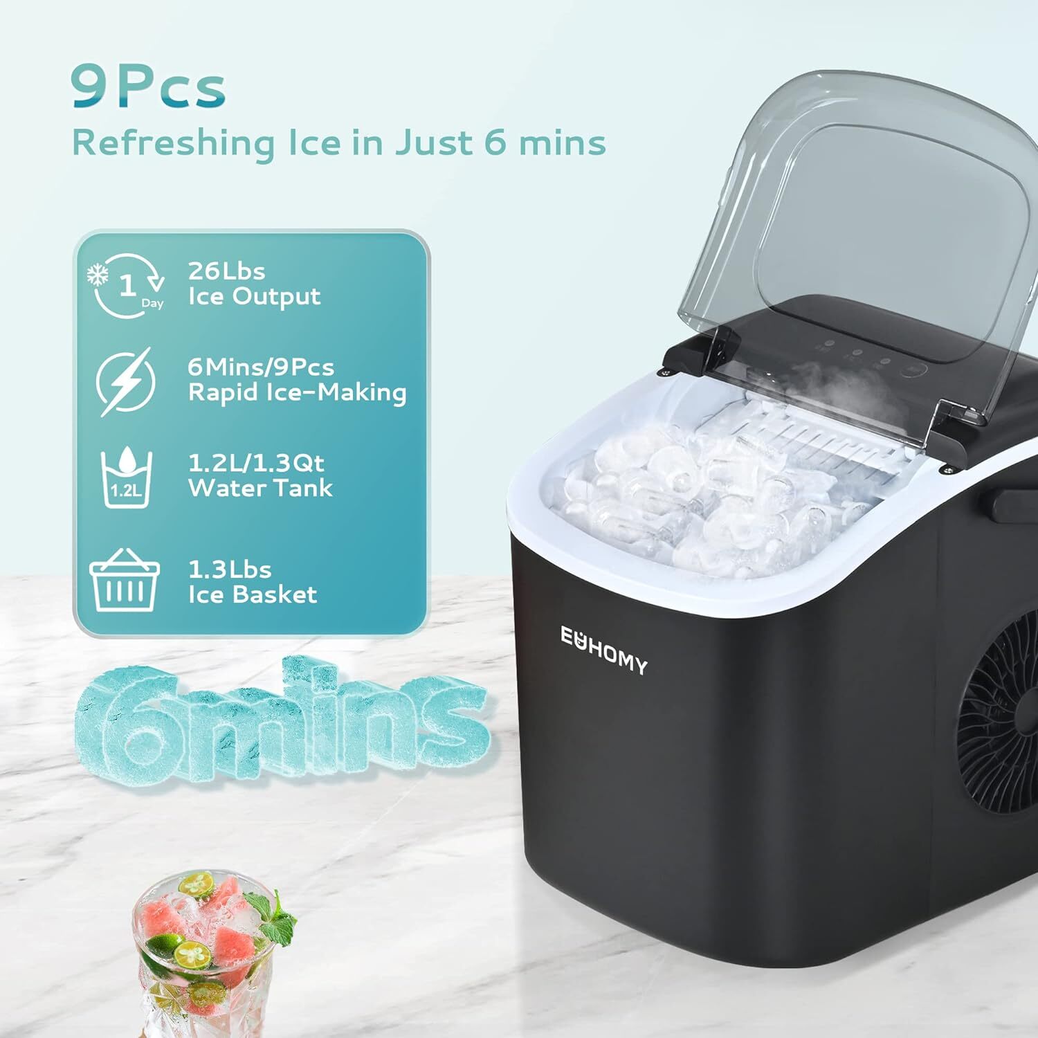 EUHOMY Countertop Ice Maker 26lbs in 24Hrs, 9 Ice Cubes Auto-Cleaning 6 mins