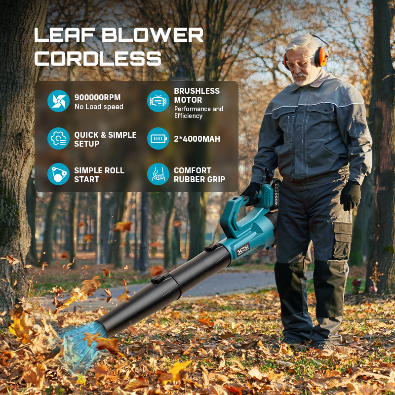 Seesii 21V Cordless Battery Powered Leaf Blower 400MPH 780CFM 2x 4000mAh Battery