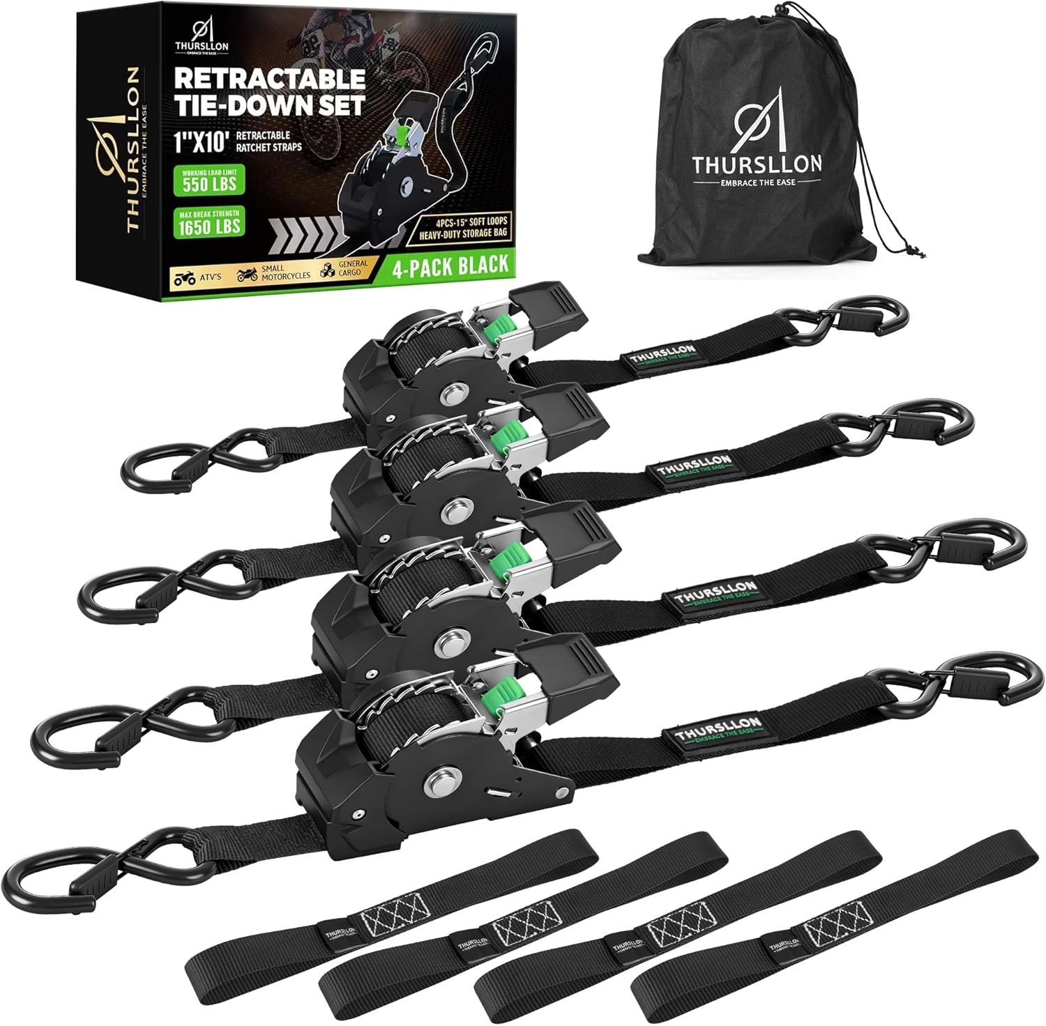 Rhino USA Retractable Ratchet Straps (4-Pack) – 1 Inch x 10 Feet (1,650lb Break