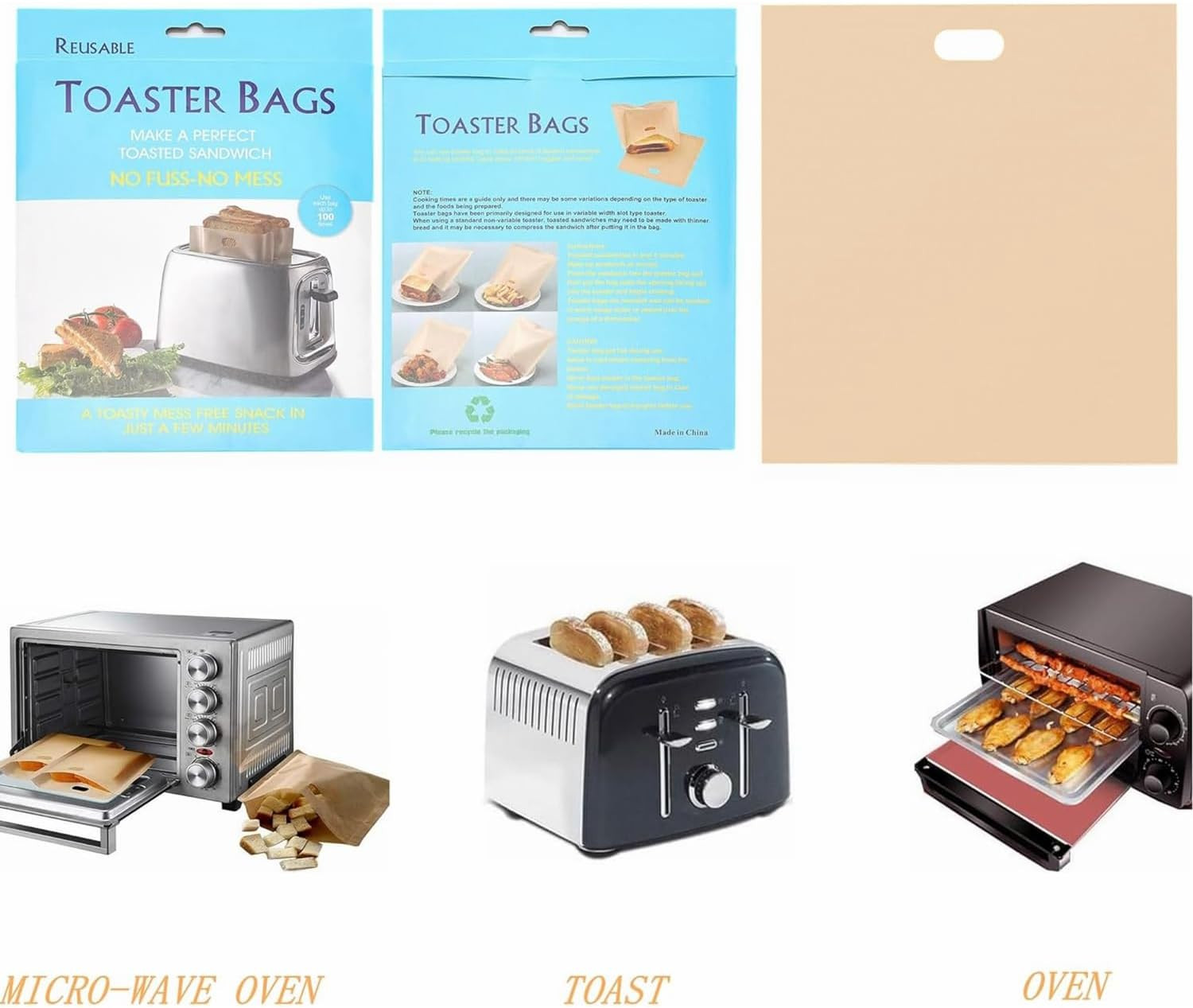 12 Pack Toaster Bags Reusable,7.5″X 6.7″Non Stick and Easy to Clean Toast Bags