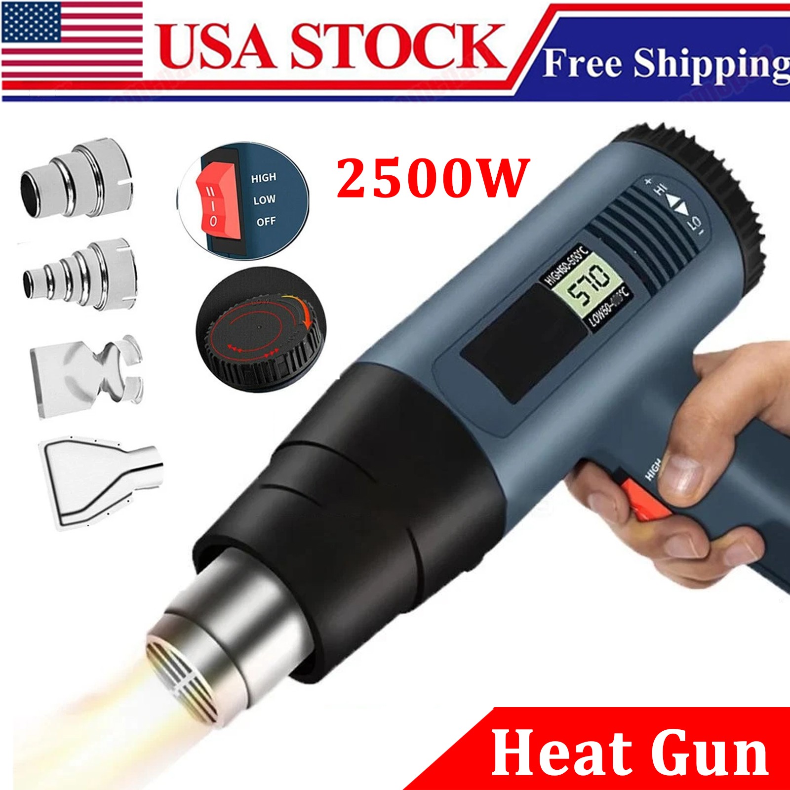 2500W Heat Gun Electric Hot Air Gun w/ Dual-Temperature LCD Show 4 Nozzles Tool