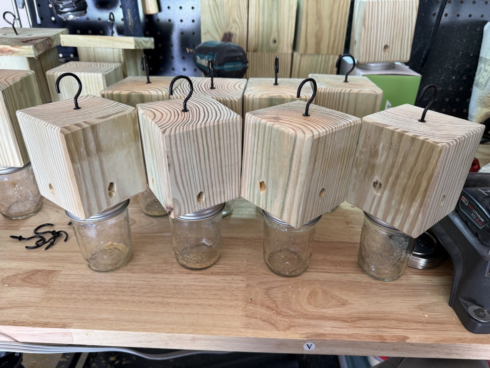 Set Of 2 Handmade Soft Pine Carpenter Bee Traps W/ Jars & Hooks- Free Shipping!