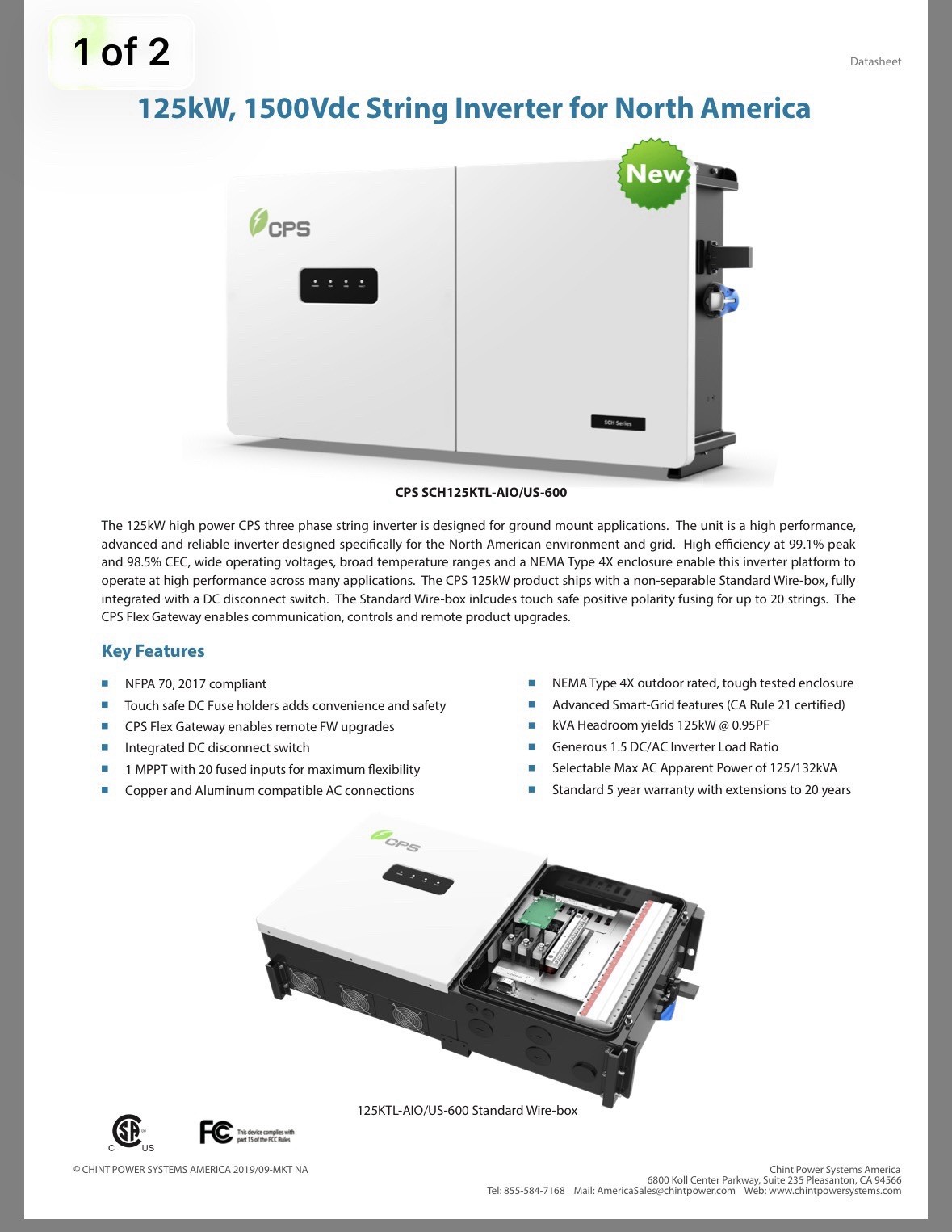 CPS SCH125KTL-AIO/US-600 125kW 1500Vdc String Inverter
