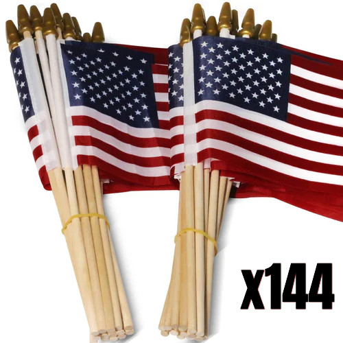144 Pack USA 4″x6″ Inches American Flags Wood Stick Polycotton High Quality