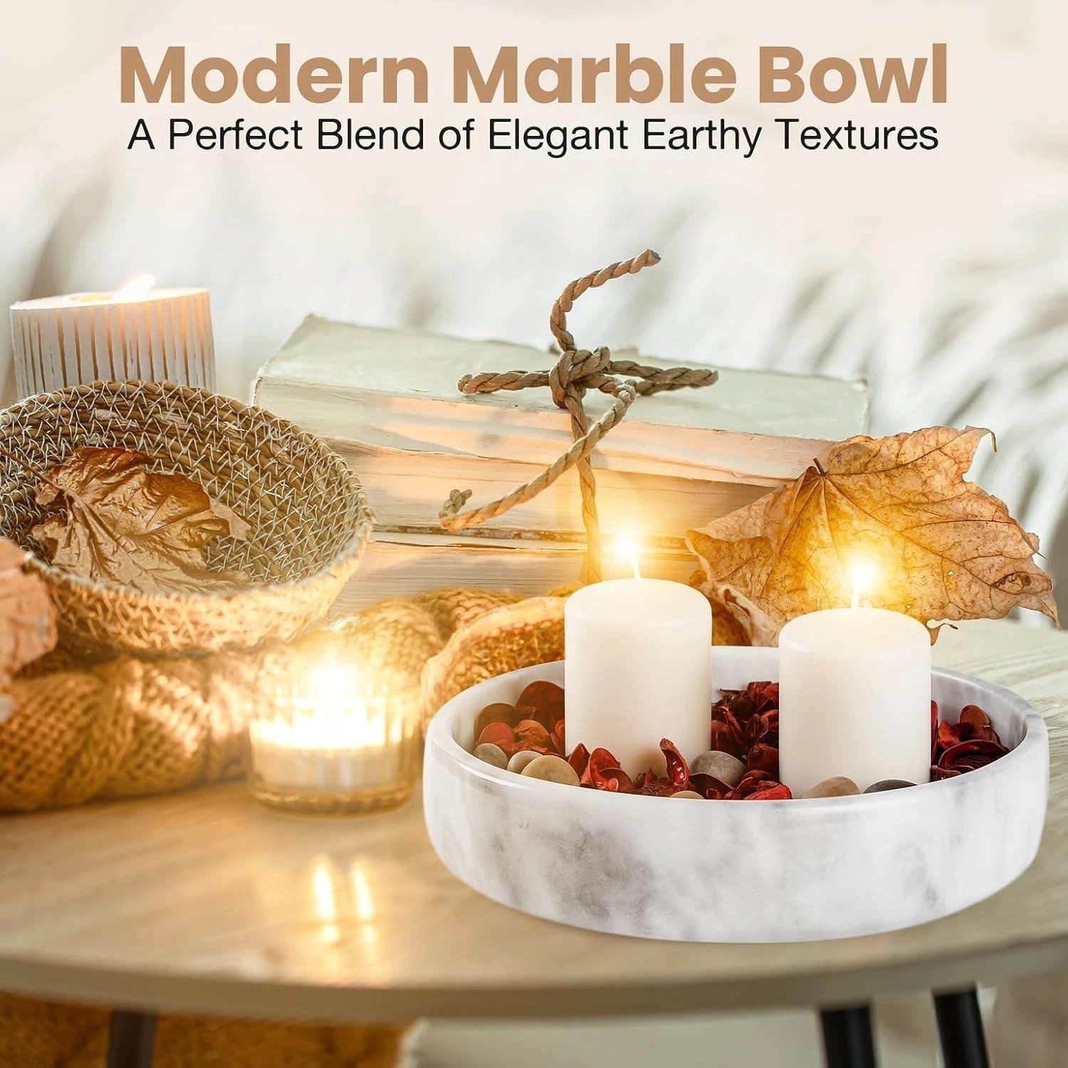 Marble Decorative Bowl 7.5in Handcrafted White Grey Solid Marble Centerpiece