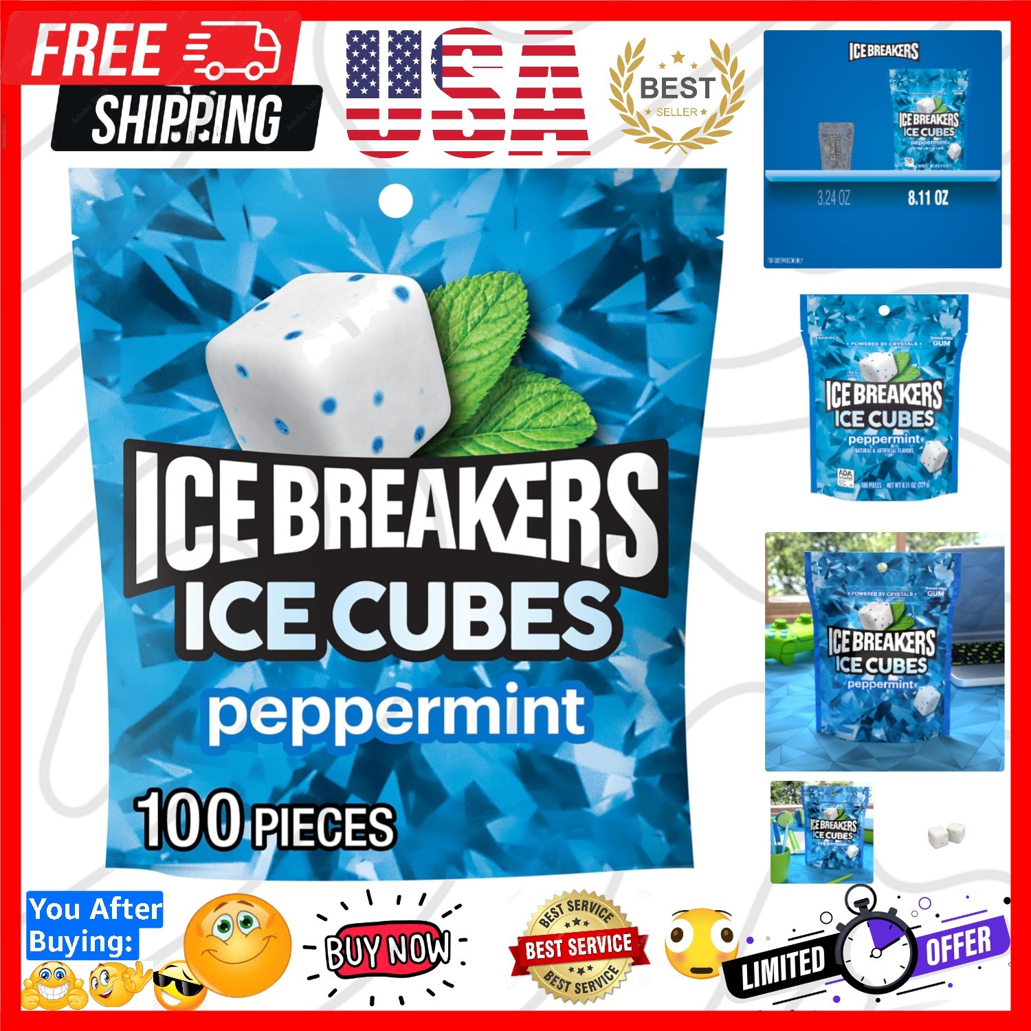 Ice Cubes Peppermint Sugar Free Chewing Gum Pouch, 8.11 oz 100 Pieces