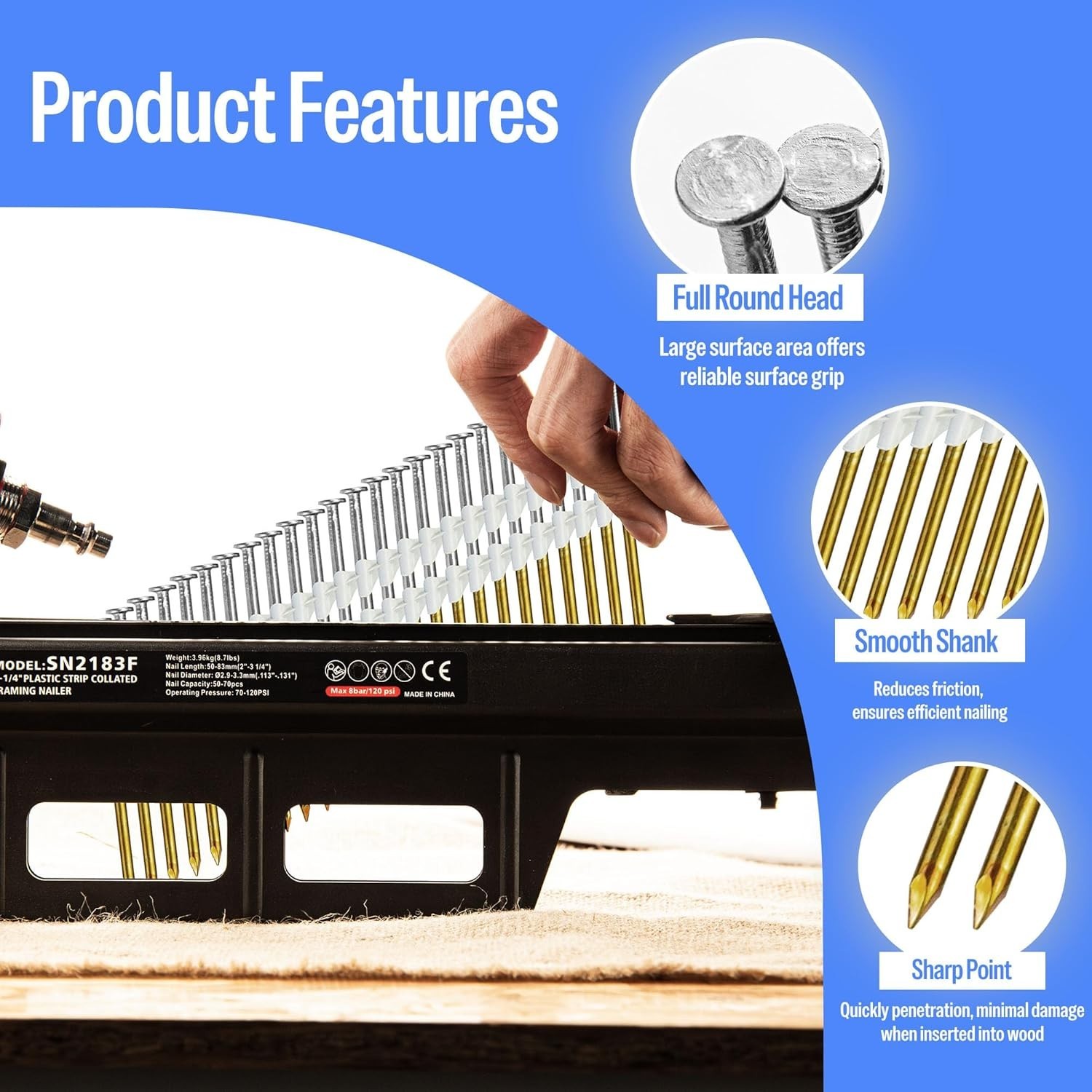 5,000 Counts meite Framing Nails 2-3/8 Inch, 21 Degree Smooth Shank Bright Steel