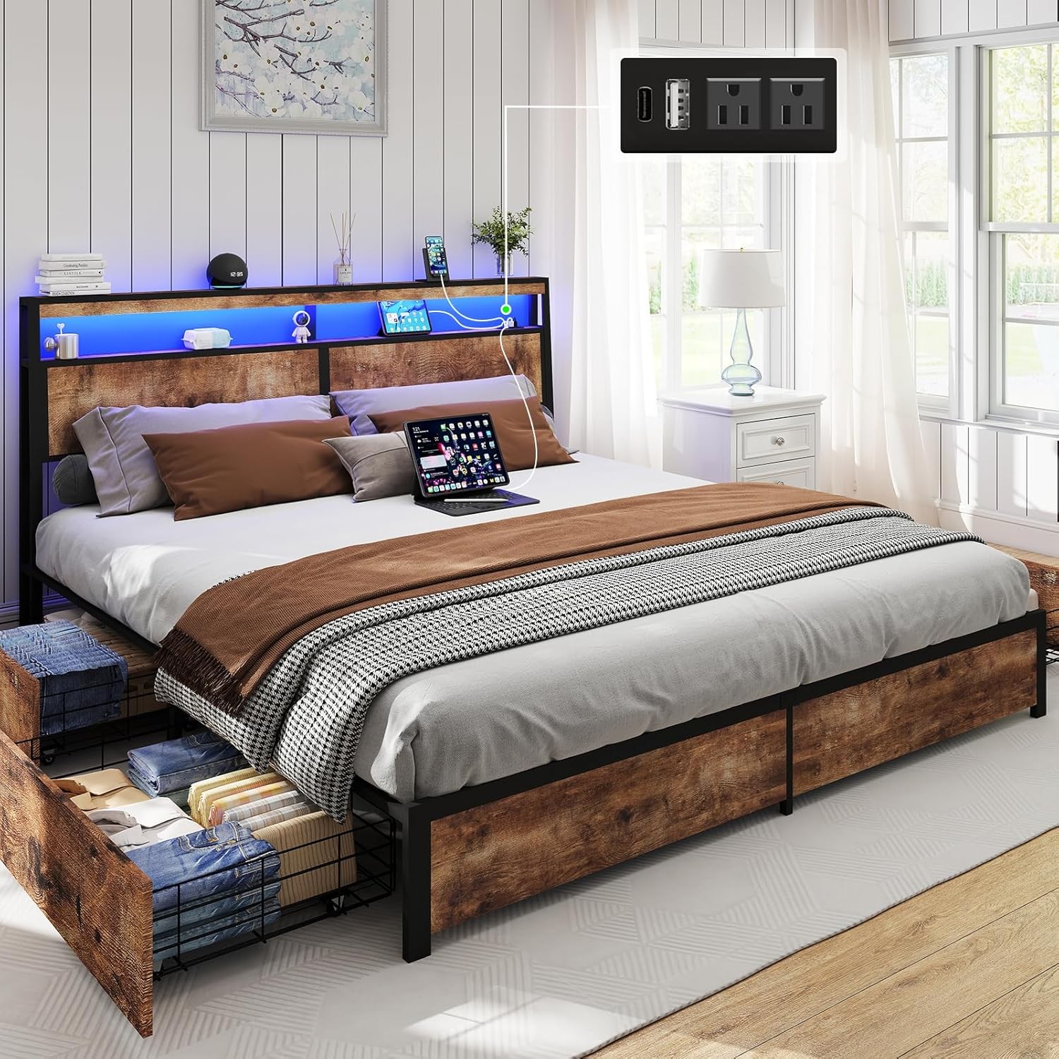 King Queen Full 4 Drawers Platform Bed Frame with LED Light, Charging Station