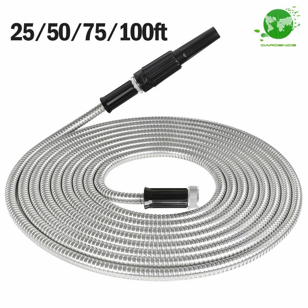 Stainless Steel Metal Garden Water Hose Pipe 25/50/75/100FT Flexible Lightweight