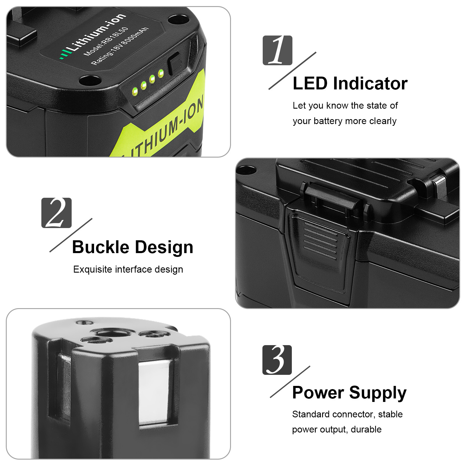 2X 8.0Ah 18V Replace Battery For Ryobi Lithium P108 RB18L50 RB18L40 With LED