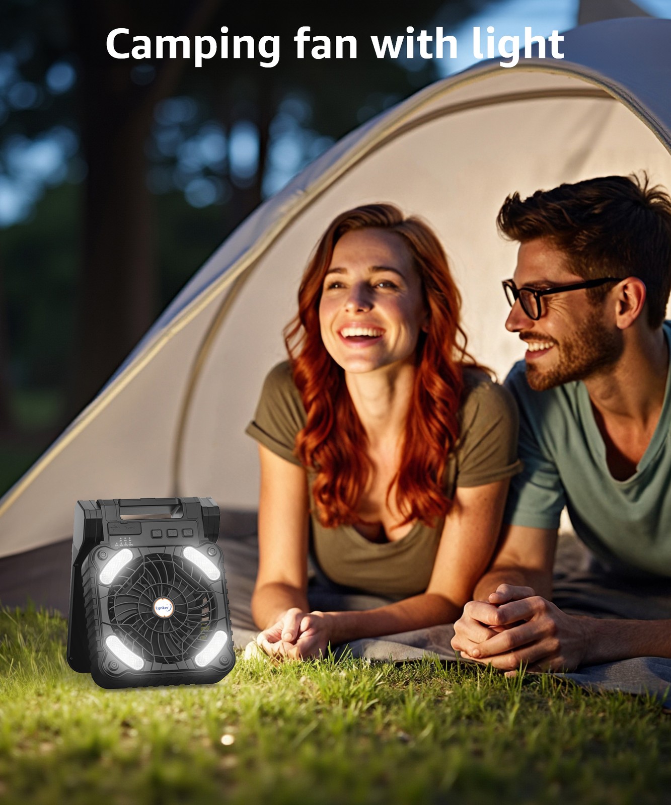 Solar Camping Fan Portable Powerful Quiet 4 Speed Levels with LED Light Timer