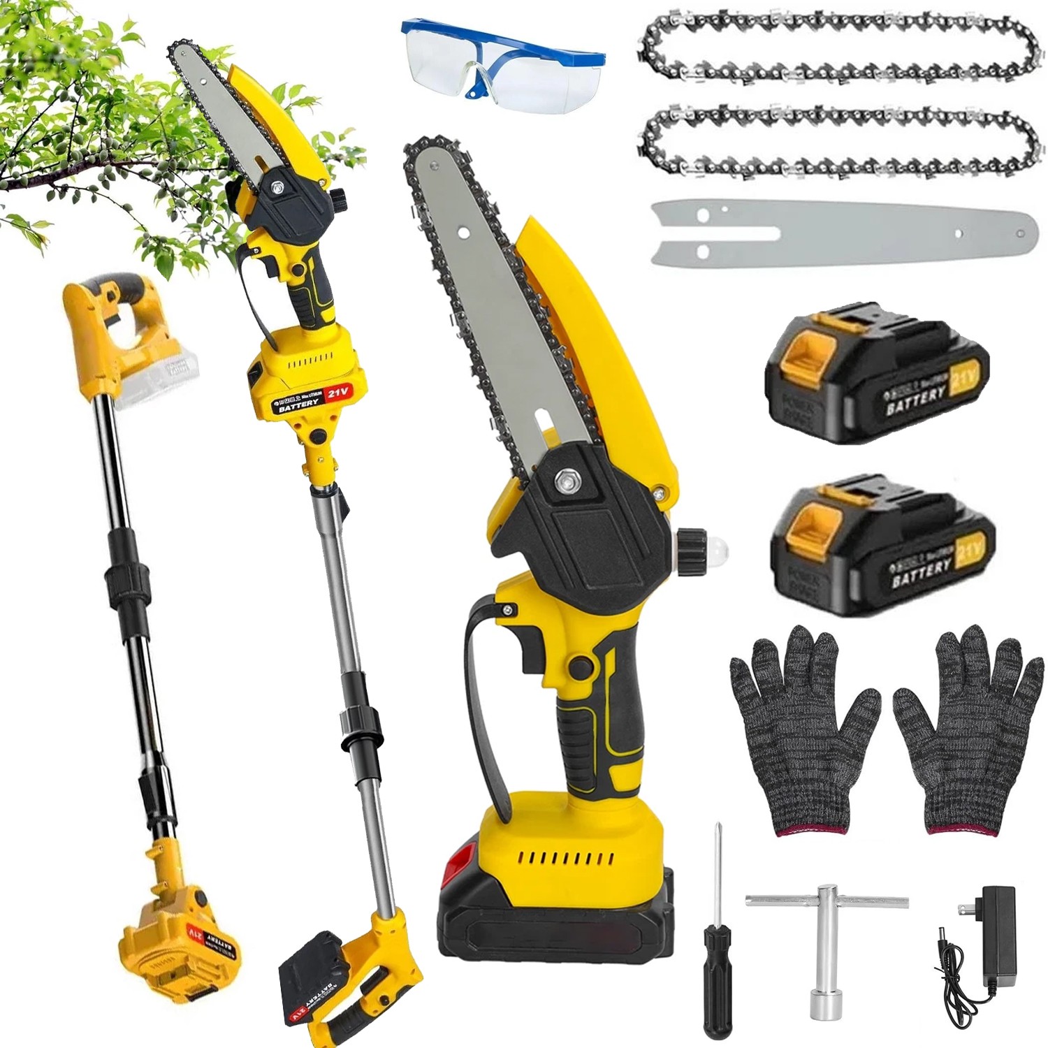 2 in1 Cordless Pole Saw Brushless Mini Chainsaw for Tree Trimming w/ 2 Batteries