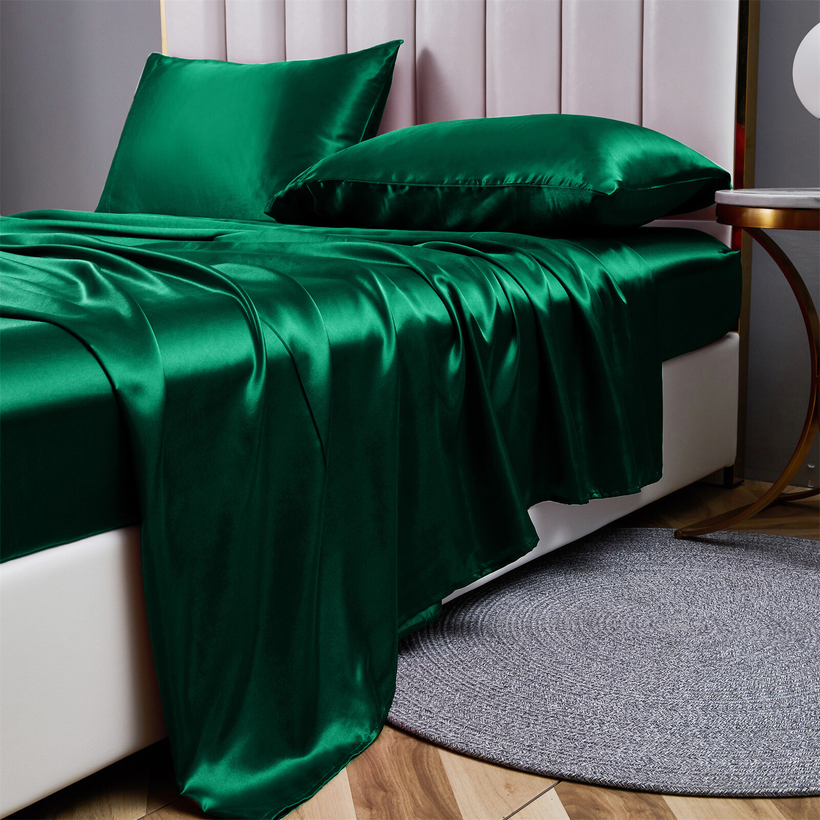 4 Pcs Smooth Satin Silk Sheet Set Deep Pocket Bed Sheet Wrinkle Fade Resistant