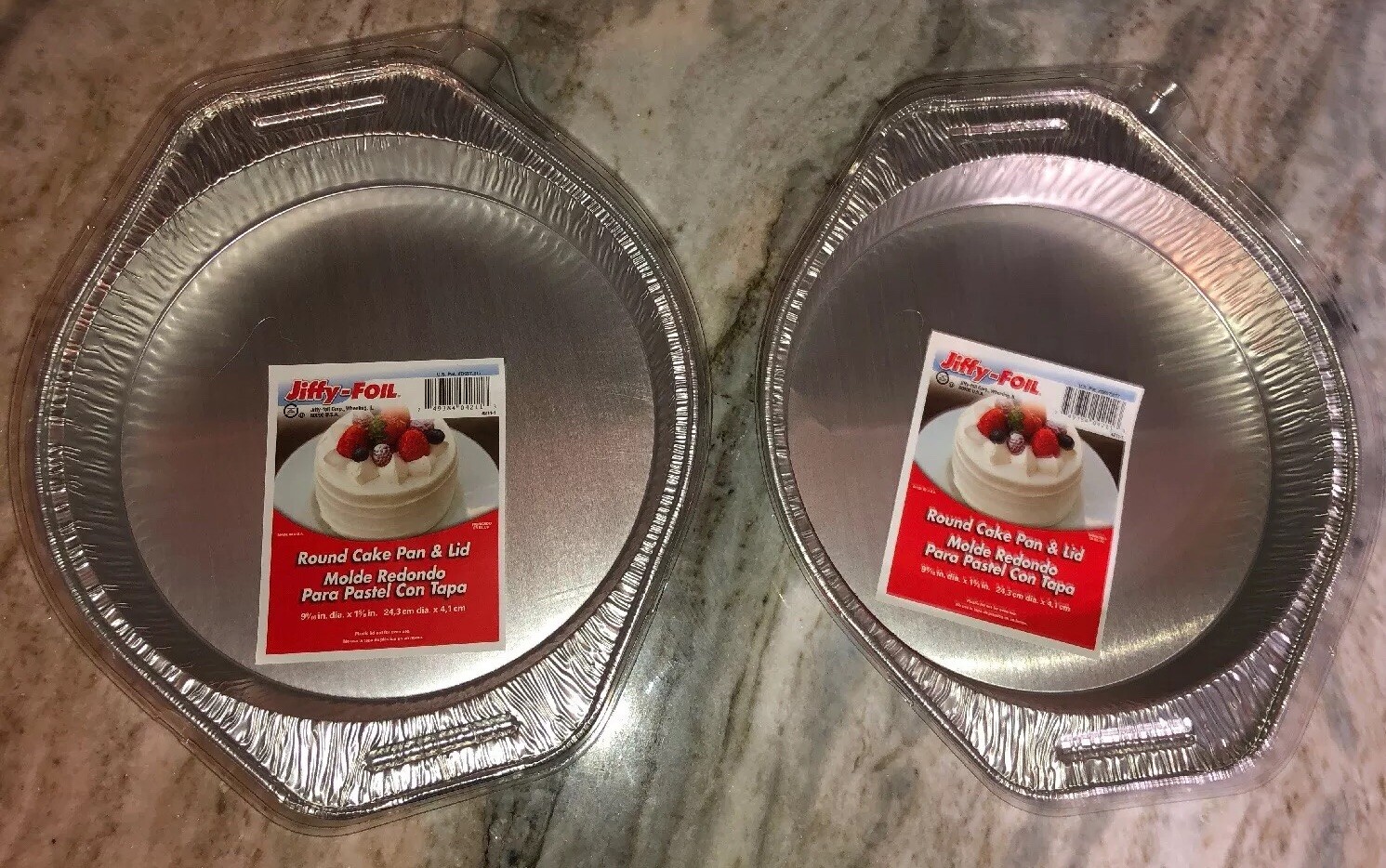 Jiffy-Foil Round Cake Pan & Lid 2 Ea 9 9/16” Dia X 1 5/8” #4211-1-RARE-SHIP24HRS