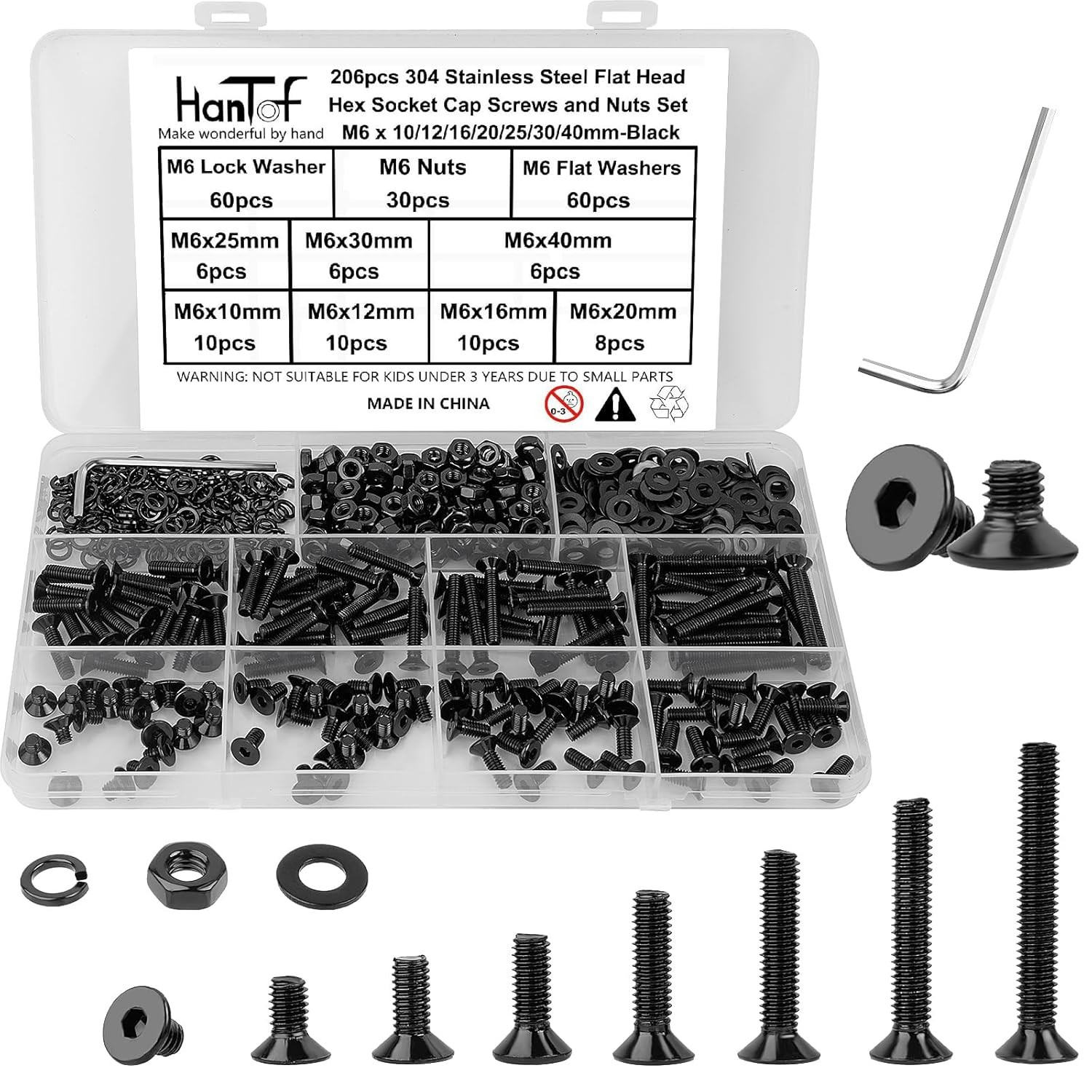 M3 M4 M5 M6 Flat Head Hex Socket Cap Screws Bolts Nuts & Washers Assortment Kit