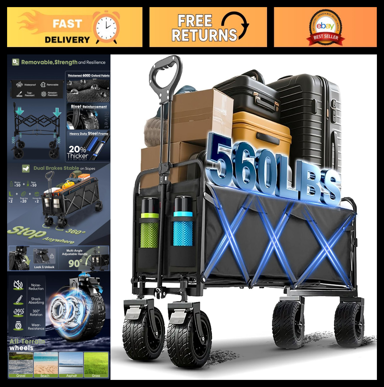 350L Heavy Duty Foldable Wagon Cart – 560lbs Capacity, All-Terrain Wheels, Brake