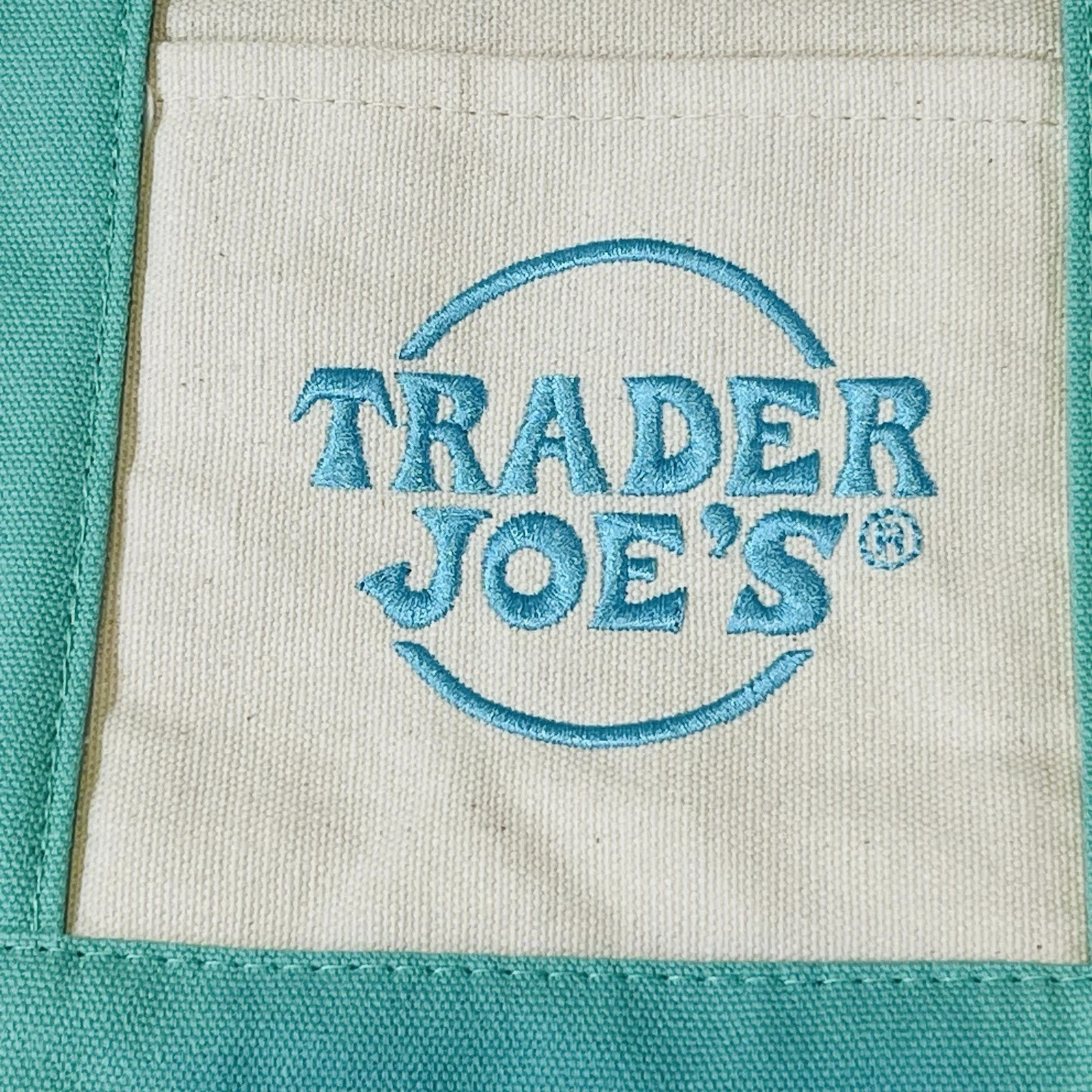 Trader Joe’s Mini Pastel Canvas Bag Off White, Green Base & Straps, Blue Logo