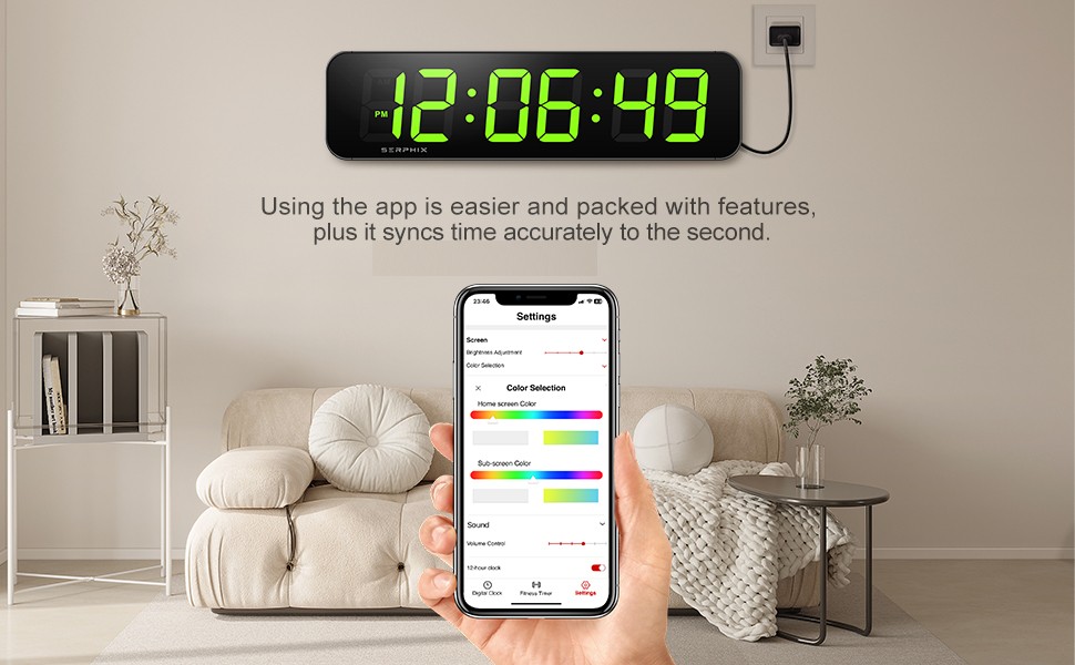 15.2″ Lar Digital Wall Clo with Seconds, App & Remote Control,