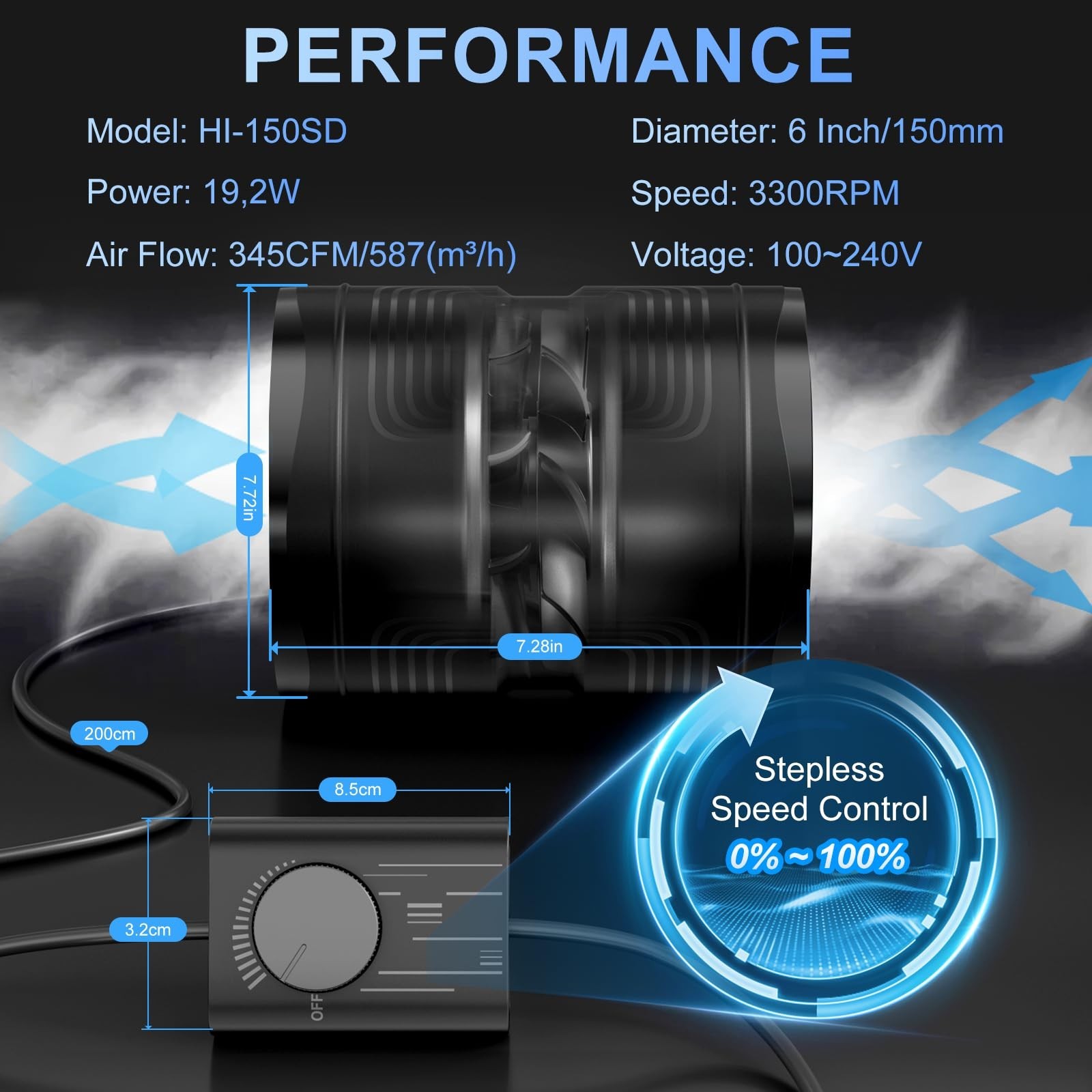6″ Inline Duct Fan with Stepless Speed Control – 345 CFM Low Noise Ventilation f