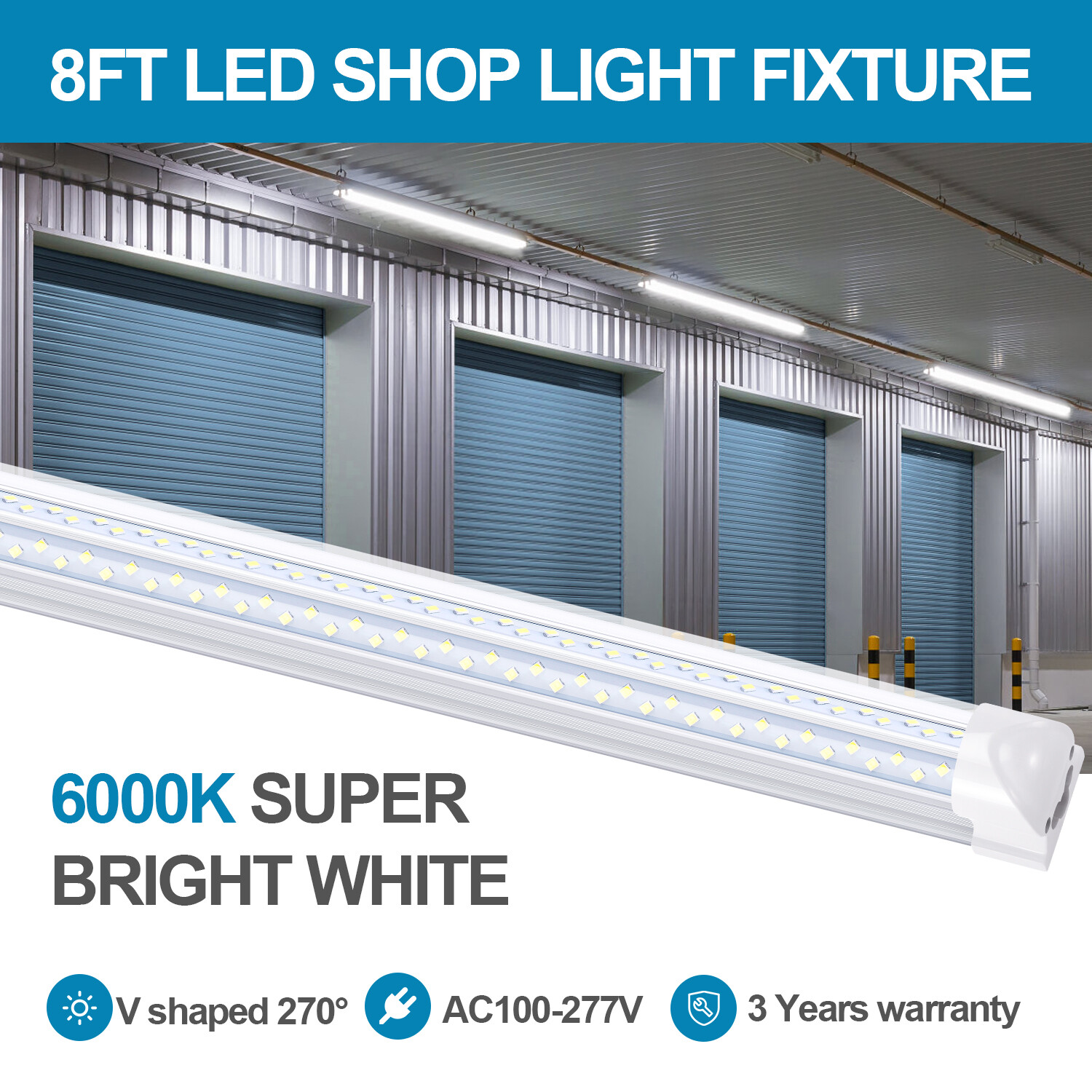 6PACK 8FT LED Shop Light 120W T8 Linkable LED Light Fixture For Garage Warehouse