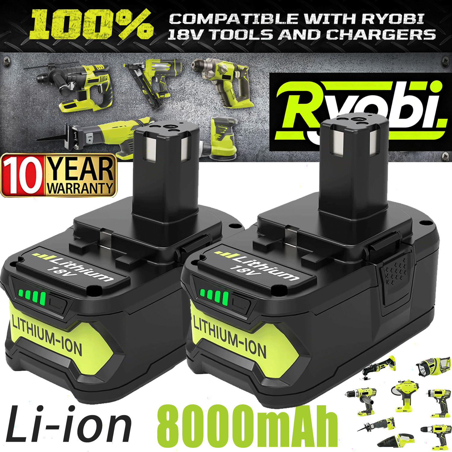2Packs Max 8.0Ah For RYOBI 18V Lithium-Ion P108 High Capacity Battery/Charger