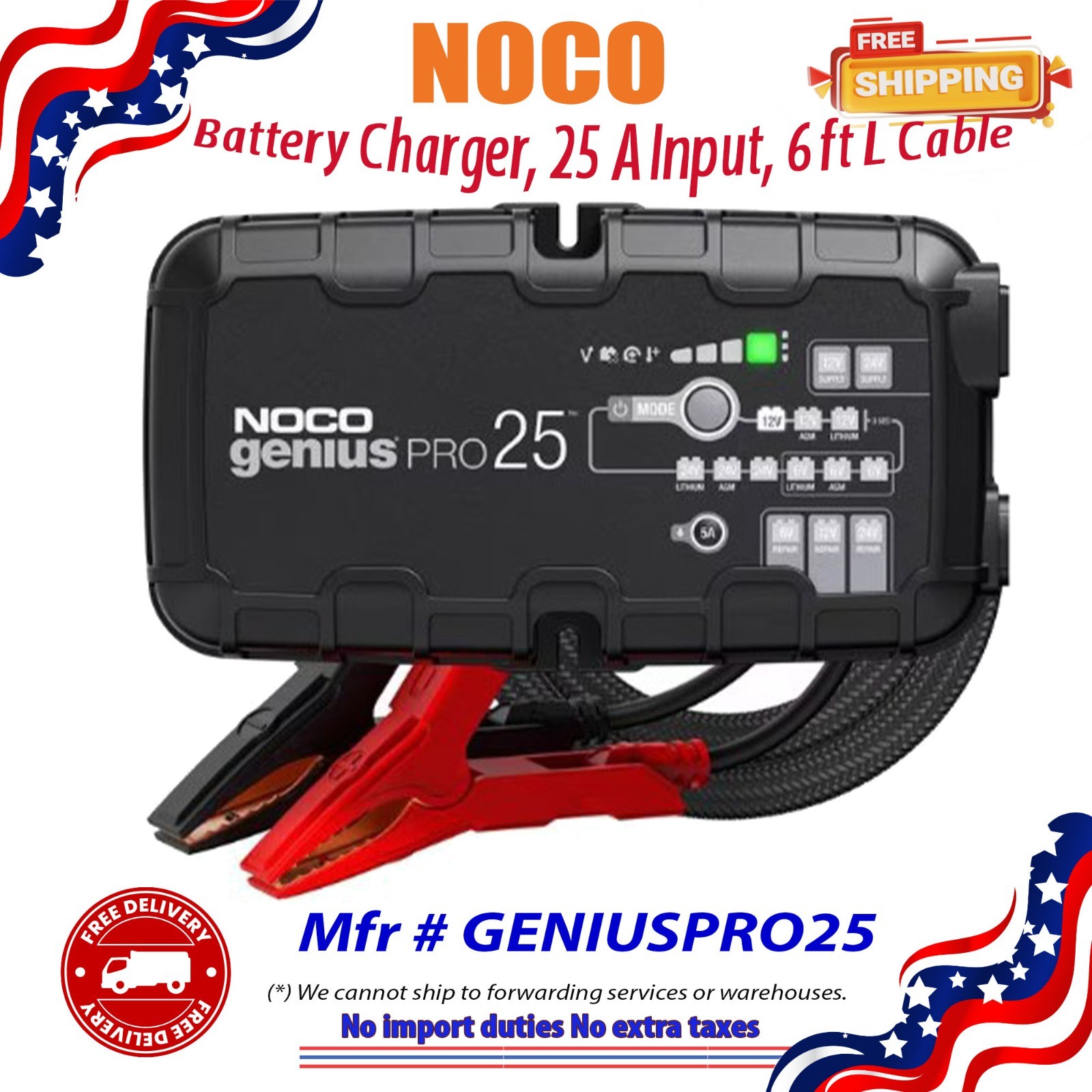Battery Charger, 25 A Input, 6 ft L Cable, GENIUSPRO25, Charging, Maintaining