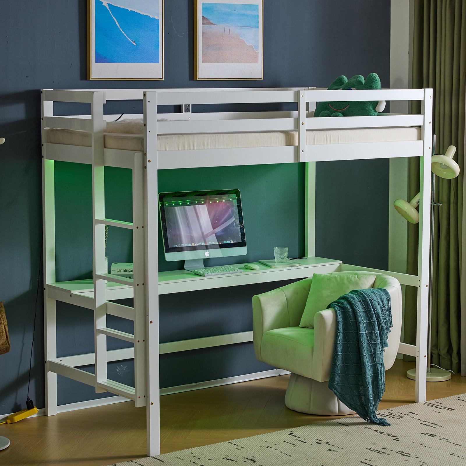 Wood Loft Bed Twin Size with RGB LED 2 Charging Station for Adults Kids Teens