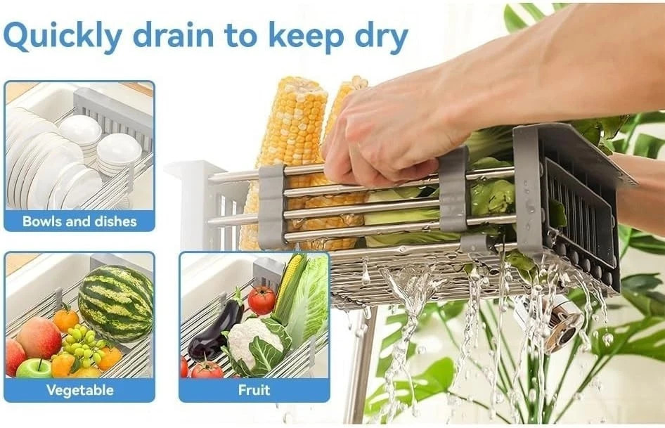 Over Sink Expandable Kitchen Drying Rack Stainless Steel Dish Drainer Adjustable