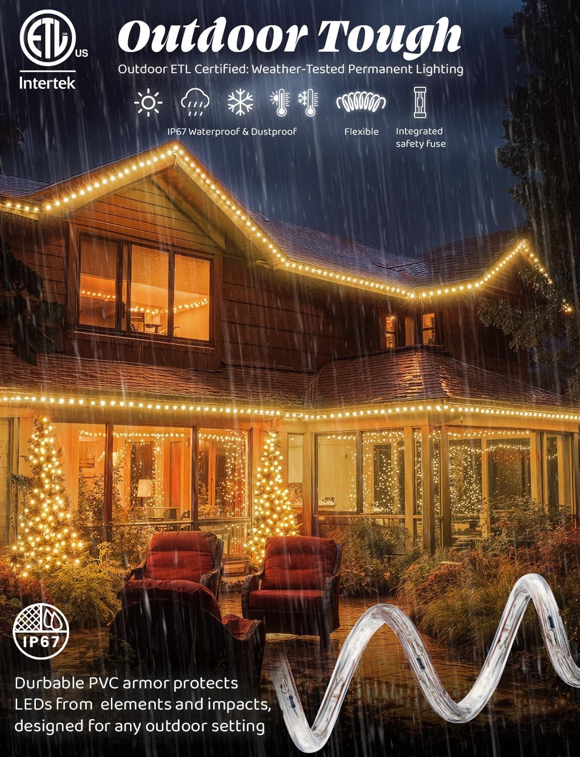 Warm White Thick LED Rope Light Indoor Outdoor 10/20/25/50/100/200/150/300FT ETL